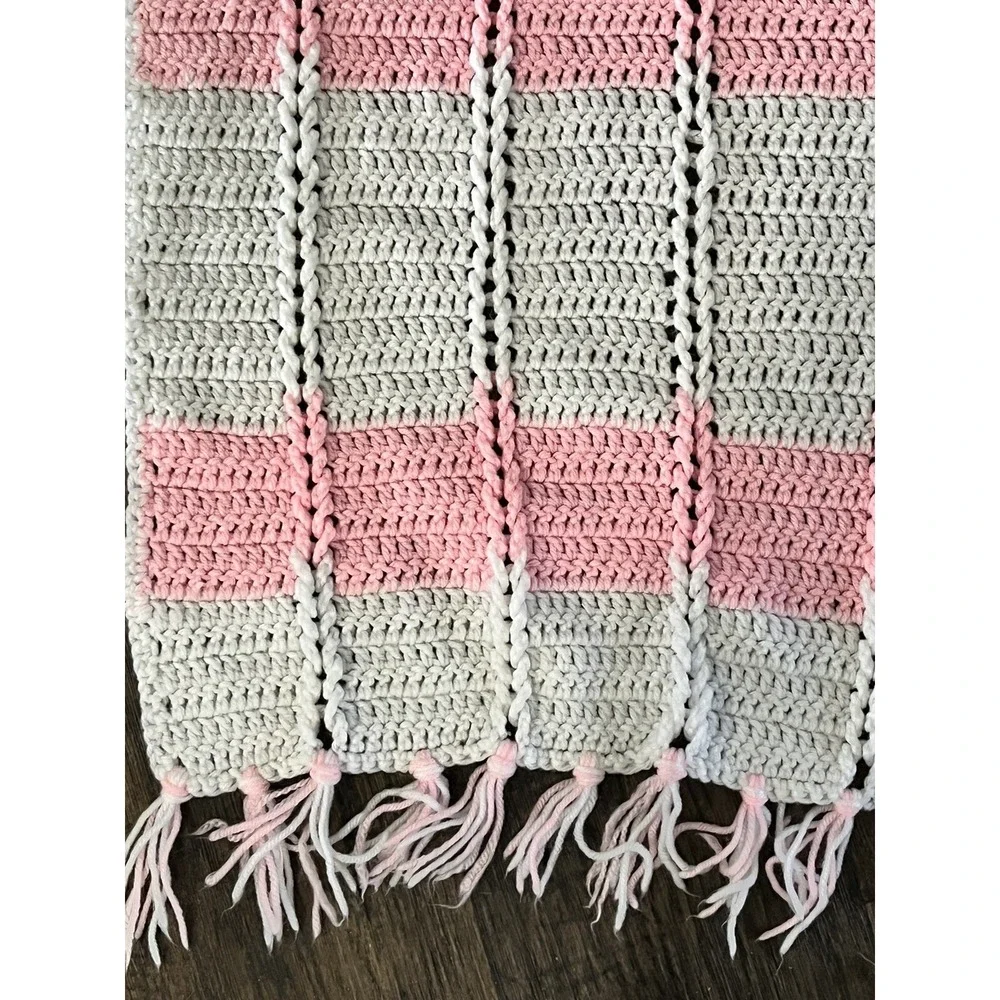 Vintage Soft White Pink Crocheted Girl Baby Blanket Crib Handmade 42